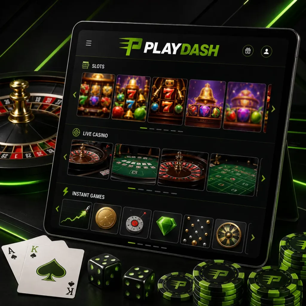 PlayDash casino lobby with slots, live casino tables and instant games