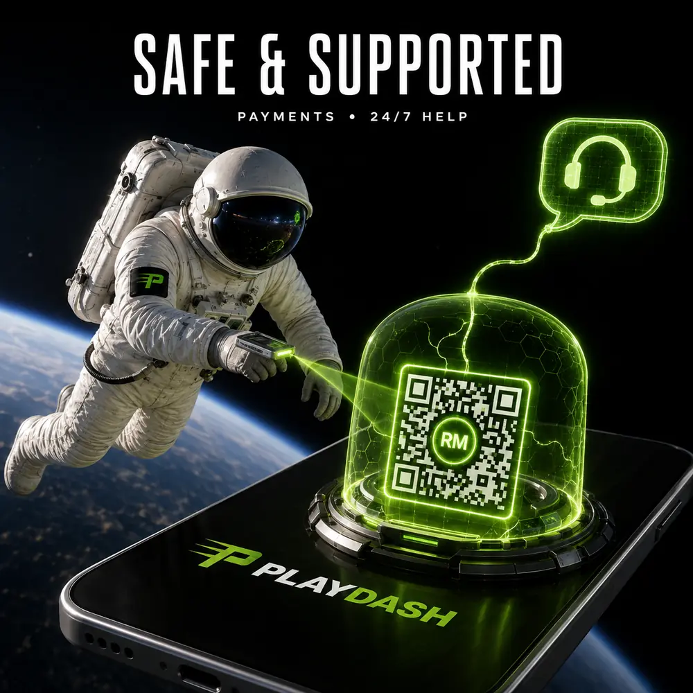 PlayDash astronaut using secure mobile payments with 24/7 support
